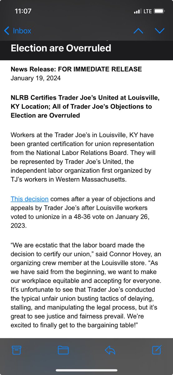 Breaking— After Trader Joe’s filed objections & appeals for a year, the NLRB certifies a 48 to 36 unionization victory at a Trader Joe’s store in Louisville. It’s the fourth TJ’s store to unionize.