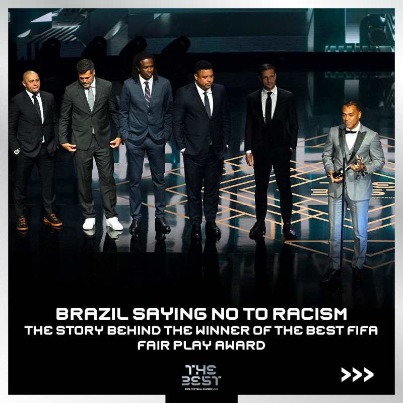 FIFAcom's tweet photo. Saying no to racism ❌

The Brazilian men's national team won The Best FIFA Fair Play Award after a gesture that will remain forever in the memory. 

Swipe for the full story: