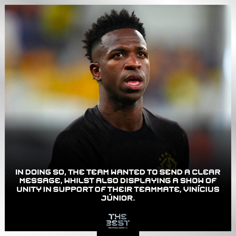 FIFAcom's tweet photo. Saying no to racism ❌

The Brazilian men's national team won The Best FIFA Fair Play Award after a gesture that will remain forever in the memory. 

Swipe for the full story: