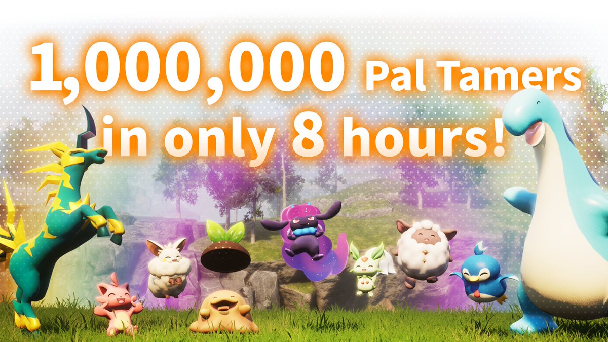 Palworld_EN's tweet photo. Palworld has sold over 1 million copies in about 8 hours since release! 
Thank you to everyone for playing!
#Pocketpair #Palworld https://t.co/HbllMotIJr