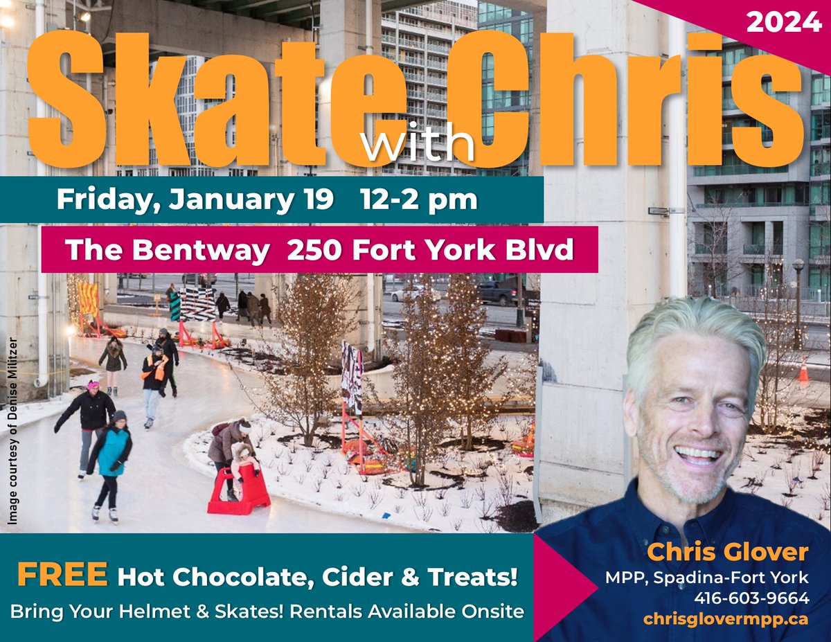 chrisglover's tweet photo. Just found out a very special guest is joining us today at my annual Skate with Chris event!
Mayor @oliviachow will be joining us at 12:15 pm at #TheBentway!
Come by for FREE hot chocolate, cider, treats, and winter fun! Skate rentals available on site.
#SpaFY #Toronto https://t.co/GYYTdE550X