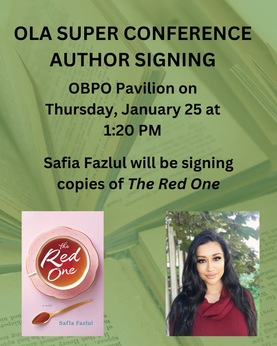 The OLA Superconference is next week and we are so excited! 

Safia Fazlul will be signing copies of The Red One in the OBPO Pavilion. 

Thurs. Jan. 25 at 1:20 PM. 

#OLA #OLASC2024