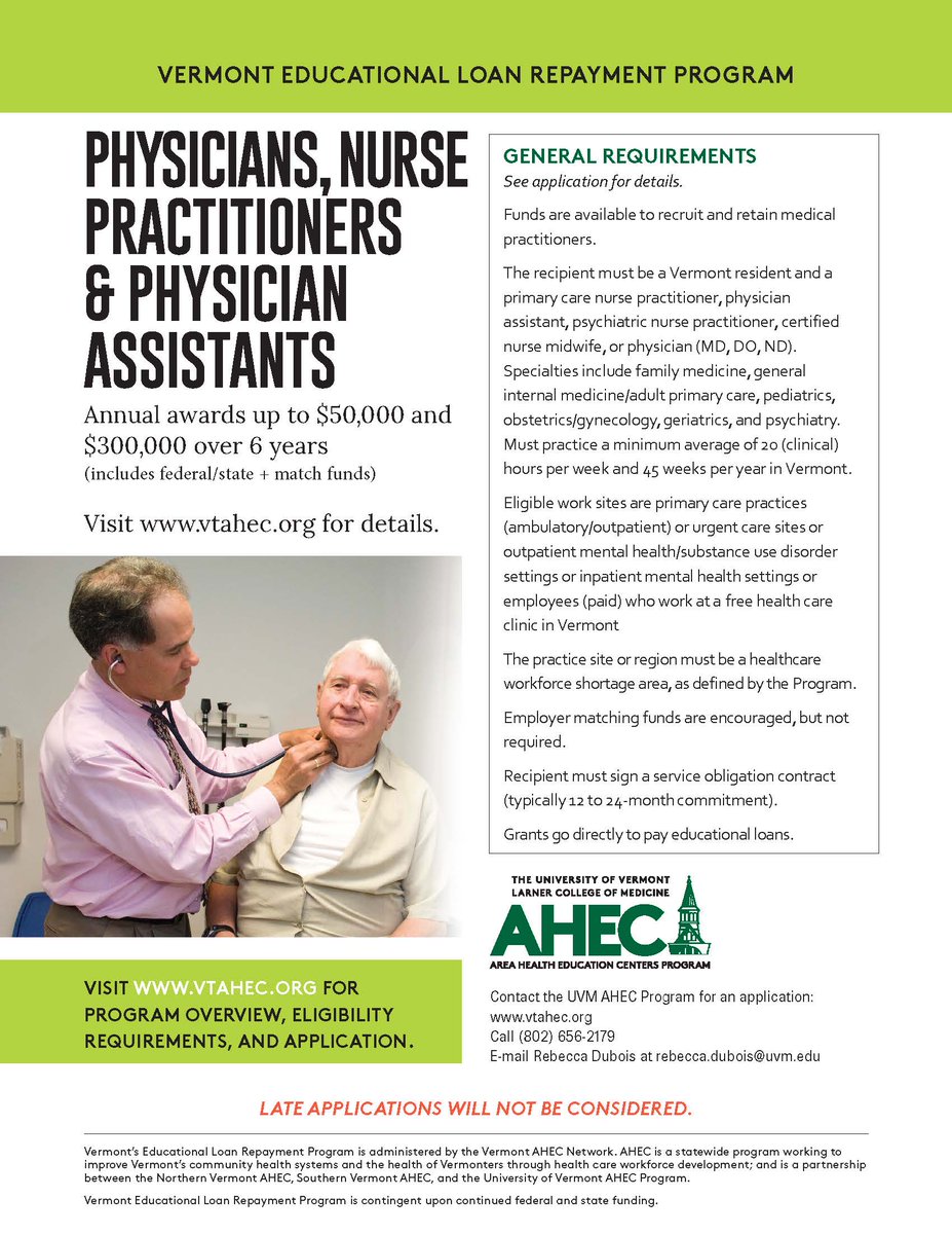 jenrgaudreau's tweet photo. The 2024 Vermont Educational Loan Repayment (#recruitment /#retention) Program for Physicians, Nurse Practitioners, &amp; Physician Assistants application is now available. Visit https://t.co/PpRk4CfT0V for more information. Deadline for applications is March 1, 2024. #loanrepayment https://t.co/1F234XcVYJ