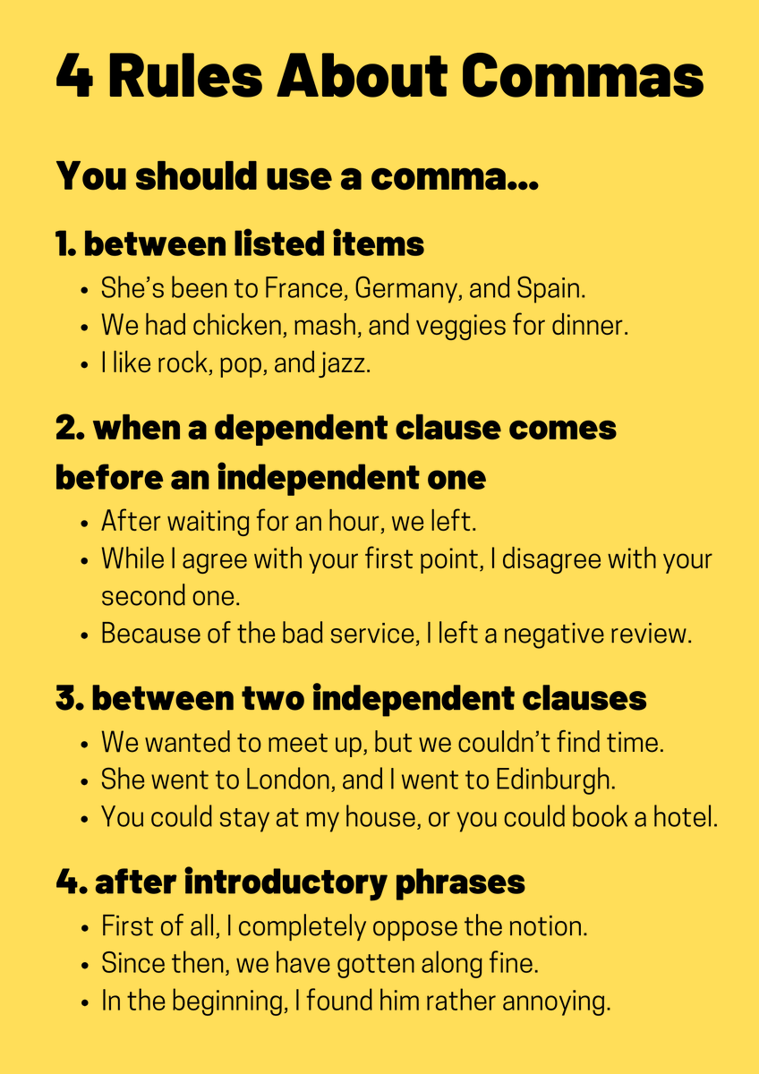 Punctuation often seems overwhelming in English. This is especially true for commas. 

Thankfully, you can learn some basic rules to help guide you and avoid making big mistakes. Here are 4 that you should definitely learn. 👇