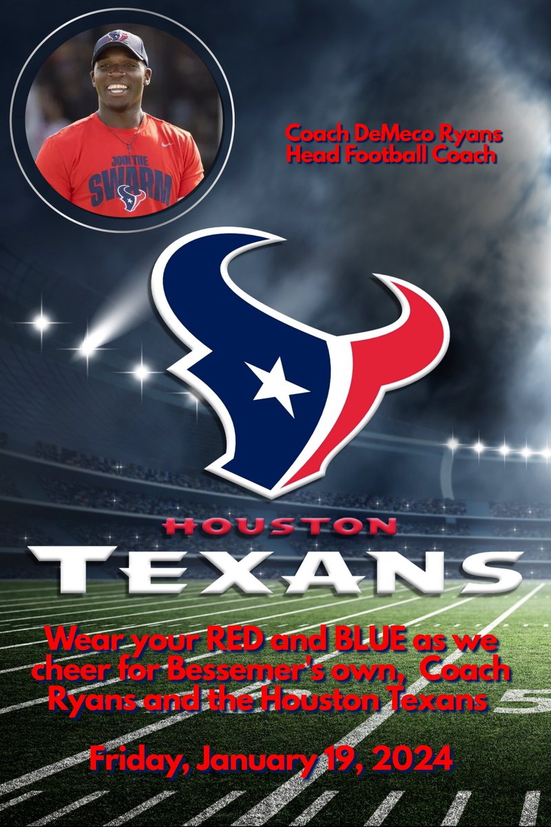 BCSTigers's tweet photo. We are excited about the game this weekend. BCS goes RED and BLUE in honor of our Tiger, Coach DeMeco Ryans of the Houston Texans! #TapInTigerUp #BelieveInBessemer https://t.co/xYej3E6buA