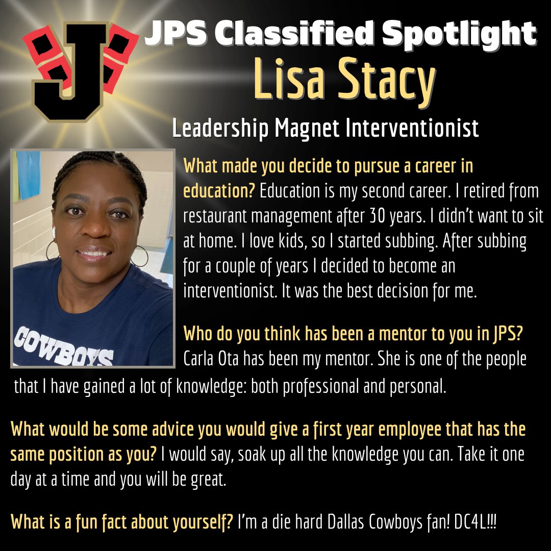 🔦 This week's JPS spotlight goes out to Lisa Stacy from Leadership Magnet. She has worked in JPS for 8 yrs and says, "JPS Rocks!" Please email canenews@jonesboroschools.net if you would like to nominate someone for a spotlight! #CaneClassroom #CaneFamily 🖤💛