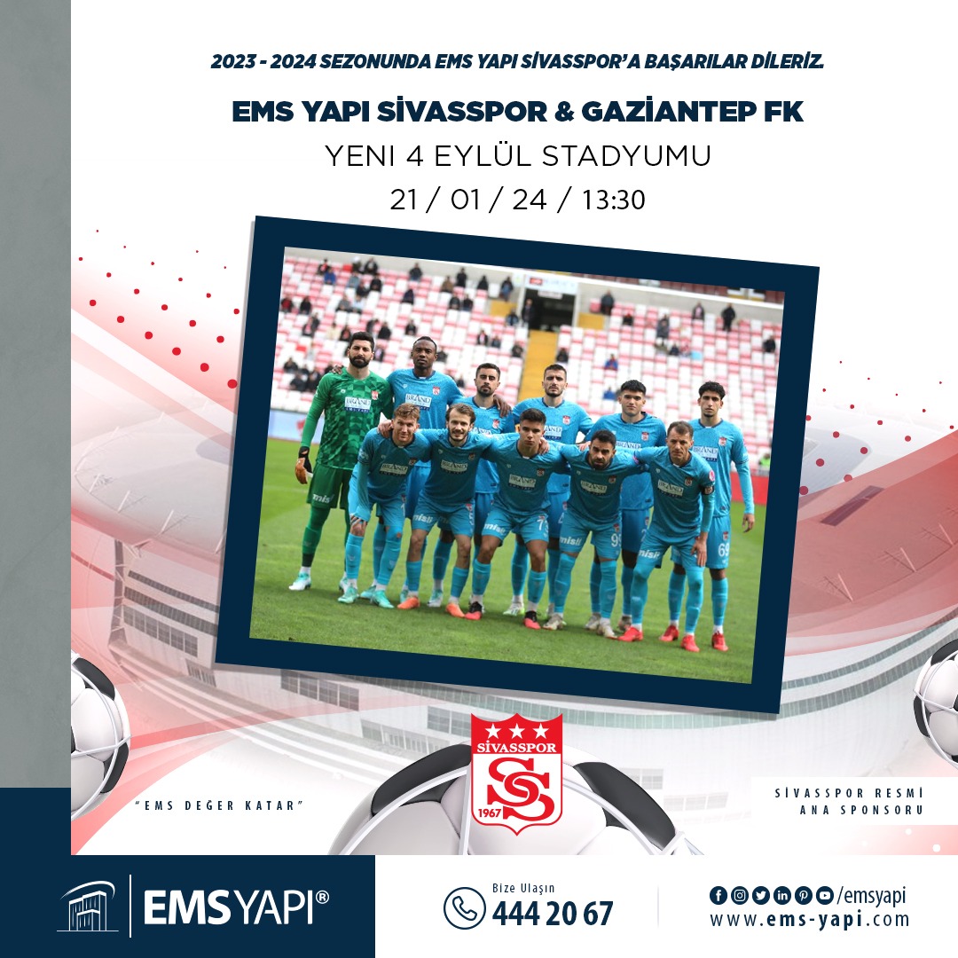 EMSYAPI's tweet image. EMS Yapı Sivasspor ⚽️ Gaziantep FK 

🏟️Ems Yapı Sivassporumuza başarılar dileriz.

Bu heyecanı kaçırmayın!

#emsyapisivasspor #sivasspor #heyecanzirvede #gaziantepfk
