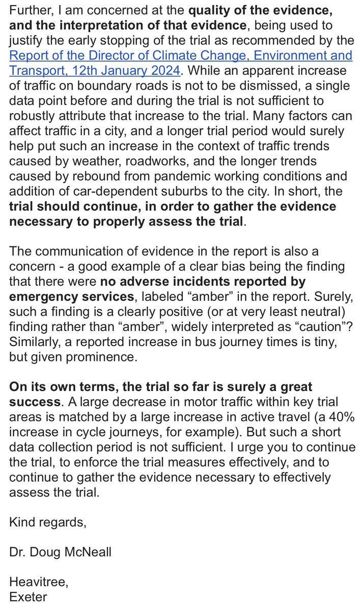 I was so annoyed that <a href="/DevonCC/">Devon County Council</a> and <a href="/ExeterCouncil/">Exeter City Council</a> might remove our LTN trial that I sat down and wrote this letter.    TLDR: cancelling the LTN scheme would be a massive step backwards. Keep going.