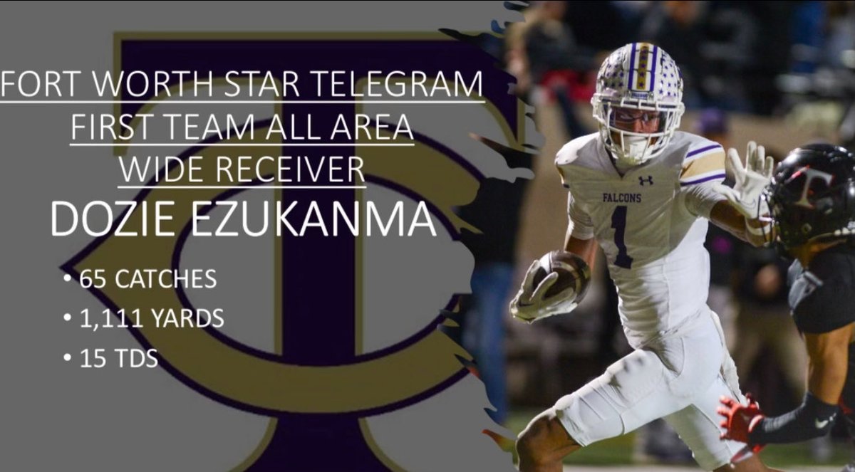 Congratulations to ⁦@DozieEzukanma⁩ on receiving ⁦@startelegram⁩ 1st Team All-Area Wide Receiver! Big time playmaker headed to ⁦@TCUFootball⁩. ⁦@KISDAthletics⁩ ⁦@TCHSFootball⁩ #FalconPride #TCOD
