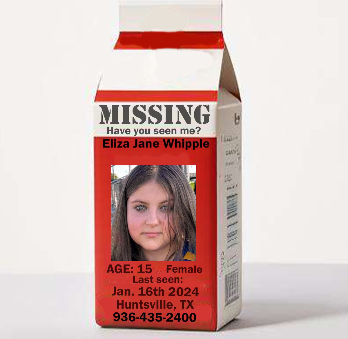 P_MilkCarton's tweet photo. 🚨🚨🚨 MISSING CHILD 🚨🚨🚨

Eliza Jane Whipple
Age: 15
Missing Since: 01/16/24
#Huntsville, #Texas 

Please Call If You Have Information:

#WalkerCounty Sheriff's Office
936-435-2400

#ProjectMilkCarton 
#MissingChildren 
#BringThemHome https://t.co/d7mmtnwUnQ
