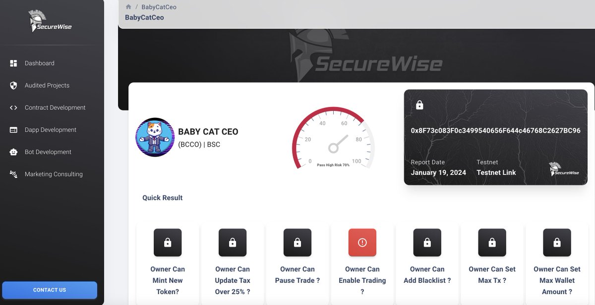 SecureWise (@securewiseaudit) on Twitter photo We are happy to announce that <a href="/BabyCatCEO/">Baby Cat CEO</a> has completed Smart Contract AUDIT with SecureWise
Check out the report:
audits.securewise.org/BabyCatCeo
BABY CAT CEO (BCCO)
babycatceo.pro
#BSC #BSCNews #BSCGEMS #Audit We are happy to announce that <a href="/BabyCatCEO/">Baby Cat CEO</a> has completed Smart Contract AUDIT with SecureWise
Check out the report:
audits.securewise.org/BabyCatCeo
BABY CAT CEO (BCCO)
babycatceo.pro
#BSC #BSCNews #BSCGEMS #Audit