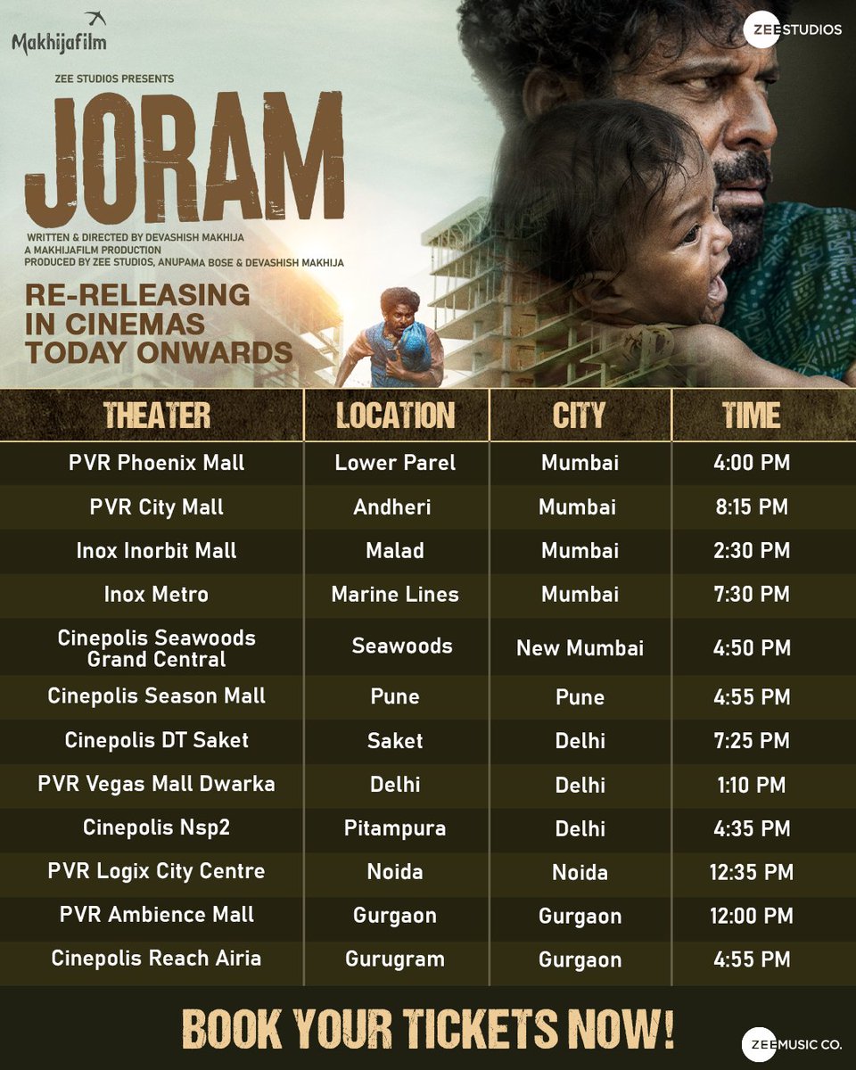 #Joram Re-releasing in cinemas today onwards.

@ZeeStudios_ @Mdzeeshanayyub
@nakdindianfakir @Makhijafilm
@nowitsabhi #SmitaTambe
@TannishthaC #MeghaMathur
#OTTRelease #OTT