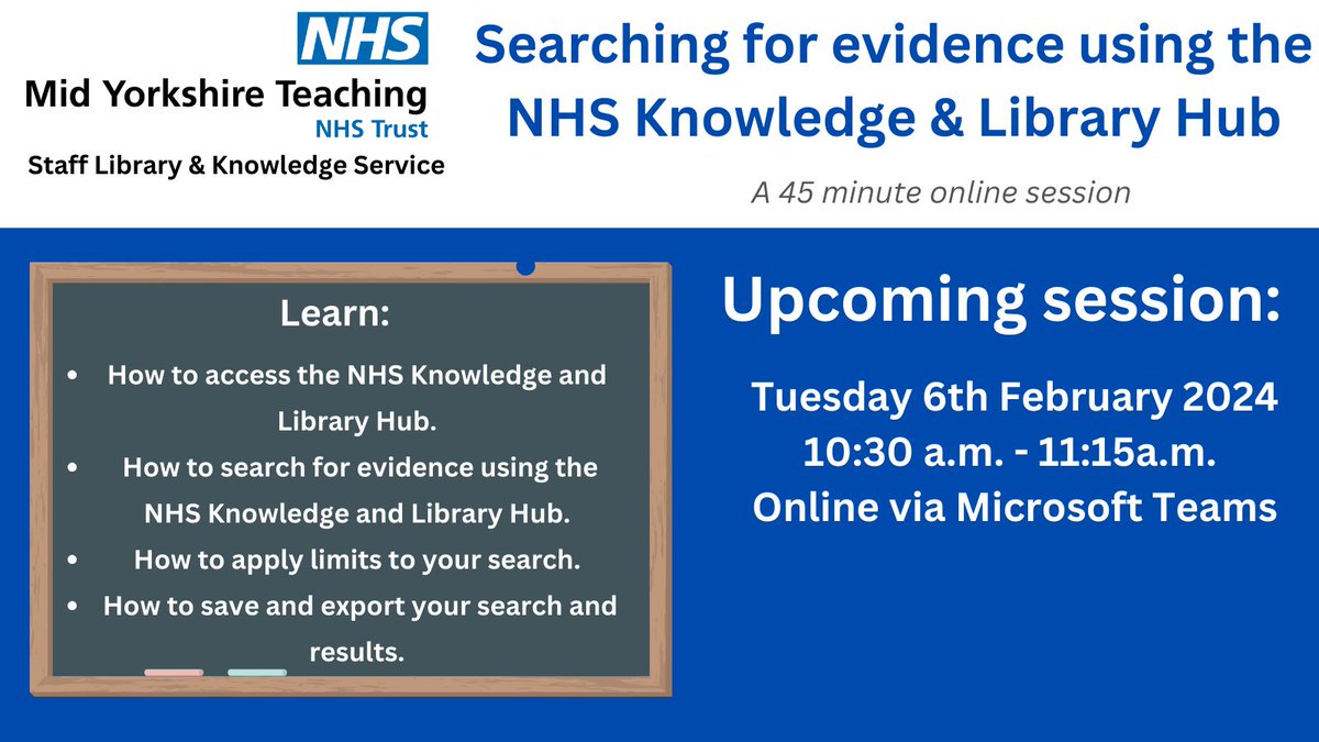 Mid Yorks NHS Library & Knowledge Service (@midyorkslibrary) on Twitter photo If you're looking for quality #knowledge & #evidence online, the #NHS Knowledge and Library Hub is a great place to start your search! Our next introductory session takes place on 6th Feb, 10:30 a.m. - 11:15 a.m. via Microsoft Teams. Contact <a href="/midyorkslibrary/">Mid Yorks NHS Library & Knowledge Service</a> to book a place😊 If you're looking for quality #knowledge & #evidence online, the #NHS Knowledge and Library Hub is a great place to start your search! Our next introductory session takes place on 6th Feb, 10:30 a.m. - 11:15 a.m. via Microsoft Teams. Contact <a href="/midyorkslibrary/">Mid Yorks NHS Library & Knowledge Service</a> to book a place😊