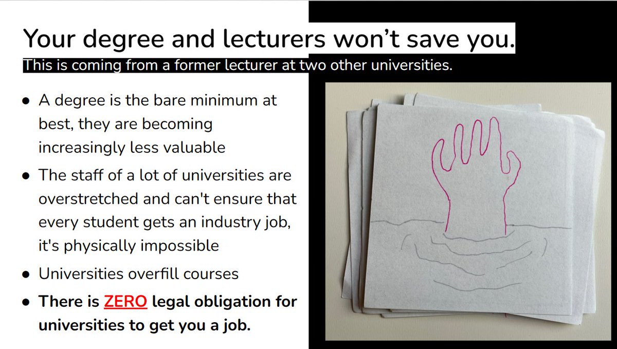 alexvscoding's tweet photo. I did a recorded lecture back in 2022 about the reality of post-graduation prospects, held off publicly releasing it because it was so blunt/bleak. Now the industry is REALLY going to shit I'm mulling sharing the recording, but I want to run it by other folks first. Any takers? https://t.co/JGEoxvWMox