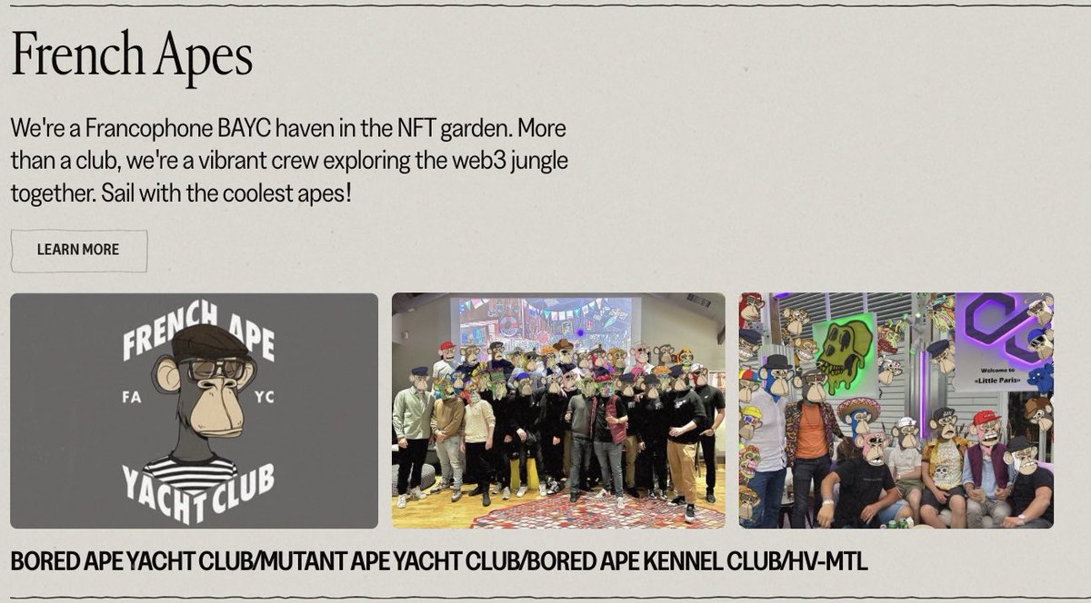 GM 🇫🇷

🦍 BACK TO BASICS 🦍 

We are truly honored to be featured in the brand new <a href="/BoredApeYC/">Bored Ape Yacht Club 🍌</a> website ! 

#BAYC #MAYC #ApesTogetherStrong