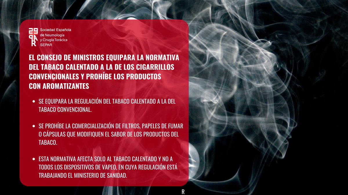 ✍️🚬El Consejo de Ministros ha aprobado un Real Decreto que regula aspectos clave de los productos del tabaco y relacionados. 

➡️ SEPAR celebra este paso en la lucha contra el tabaquismo en España.

#Tabaquismo #SEPAR