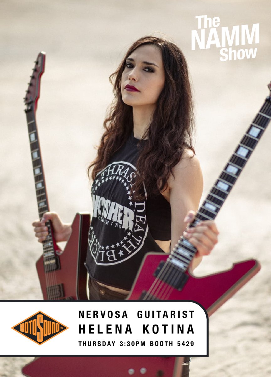 We're over the moon to welcome @nervosathrash's #helenakotina to the #Rotosound family. To mark the occasion, Helena will be meeting fans for Rotosound at The #NAMMShow on Thursday. Head over to the OMG Music booth 5429 at 3:30🤘 #nervosa #guitarist #nammshow2024 #thenammshow