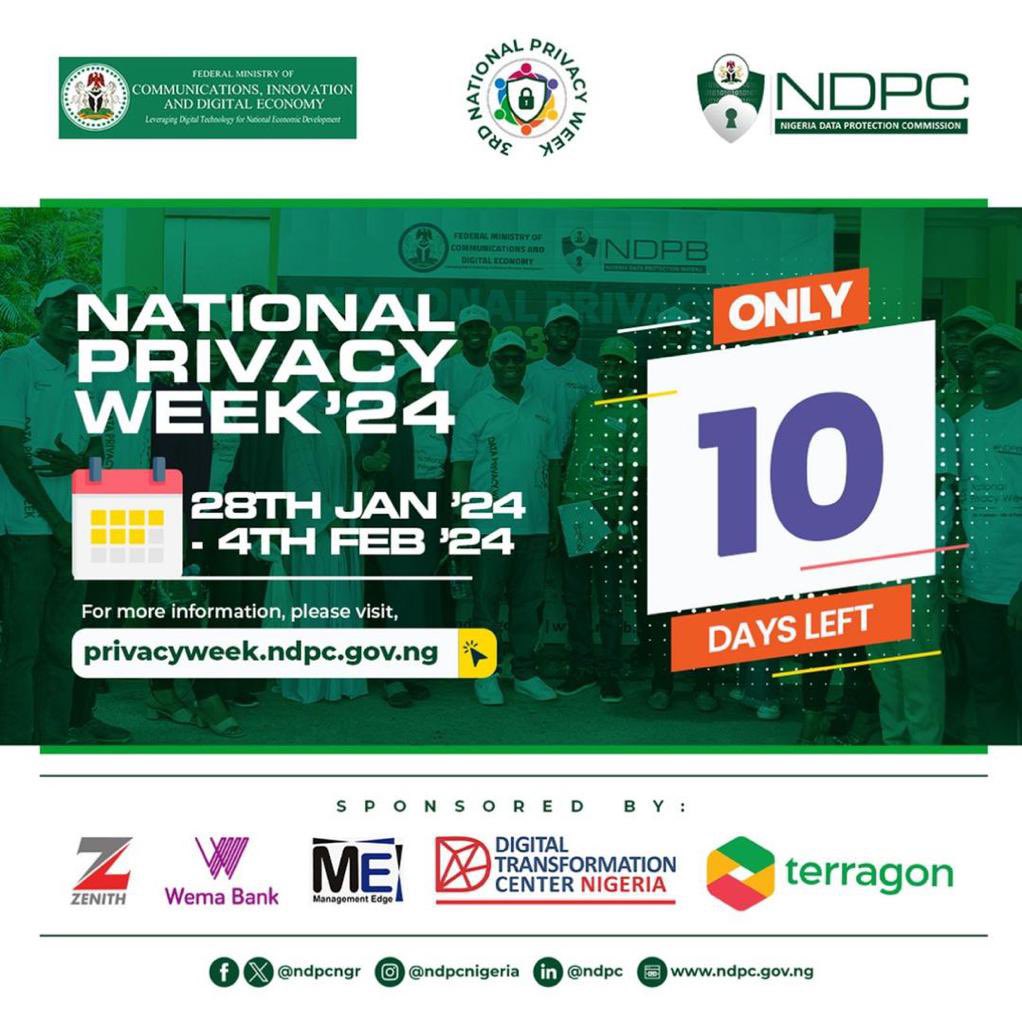 TerragonGroup's tweet photo. Counting down to the National Privacy Week! It’s 10 days left until the kickoff hosted by the Nigeria Data Protection Commission (NDPC)!

As a 5-time ISO certified company, we are thrilled to join hands with the NDPC in championing the cause of data privacy. https://t.co/e7qXF3kYLB