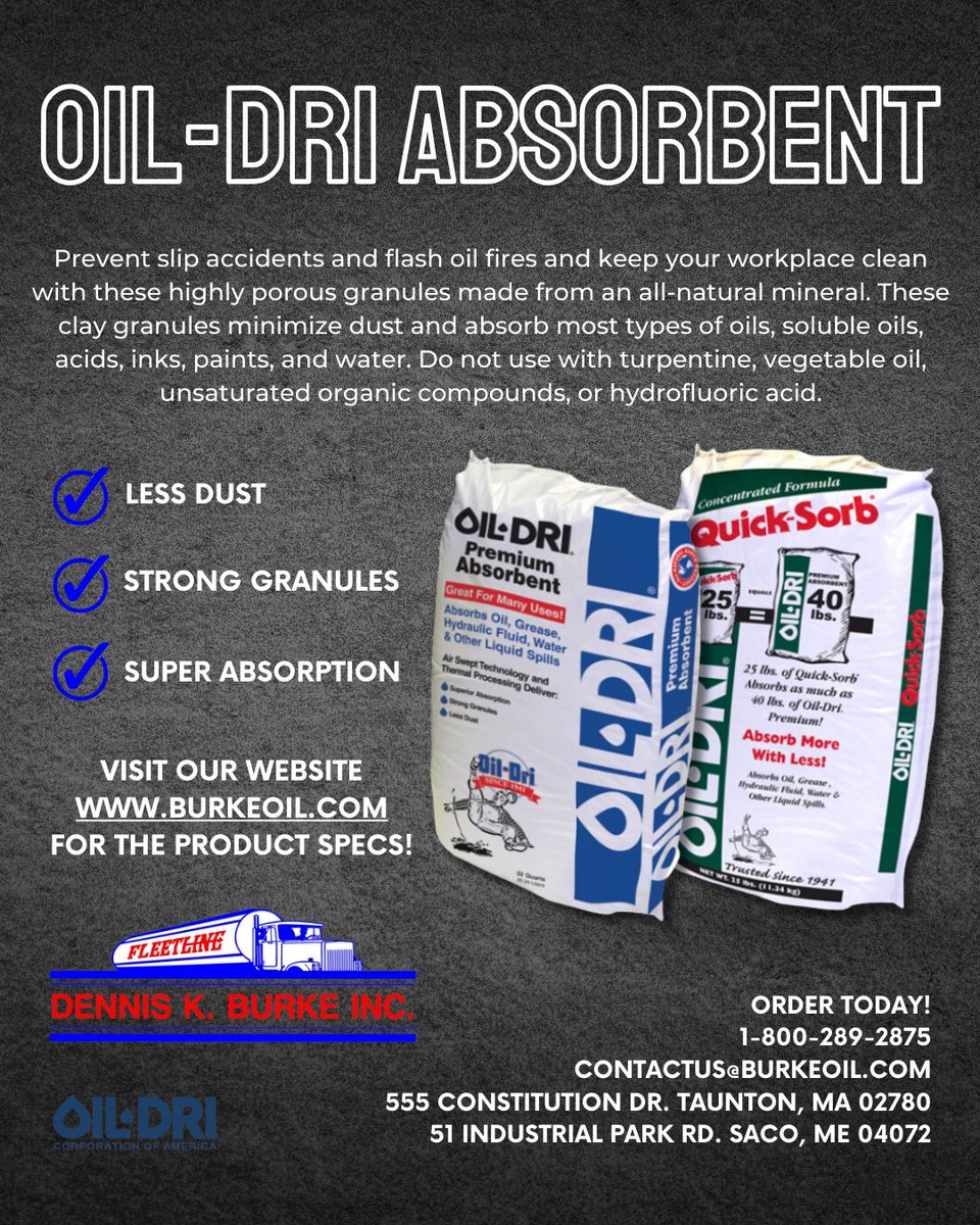 DennisKBurkeInc's tweet photo. Looking for top-quality premium absorbent? Dennis K. Burke Inc. offers Oil-Dri absorbent!๐ฅ Visit our website now to explore the specifications and features of our incredible product range, link in bio.
#OilDriAbsorbent #QualityProducts #Lubricants #SpillSolution #VisitOurWebsite https://t.co/A3L0jp0i1o
