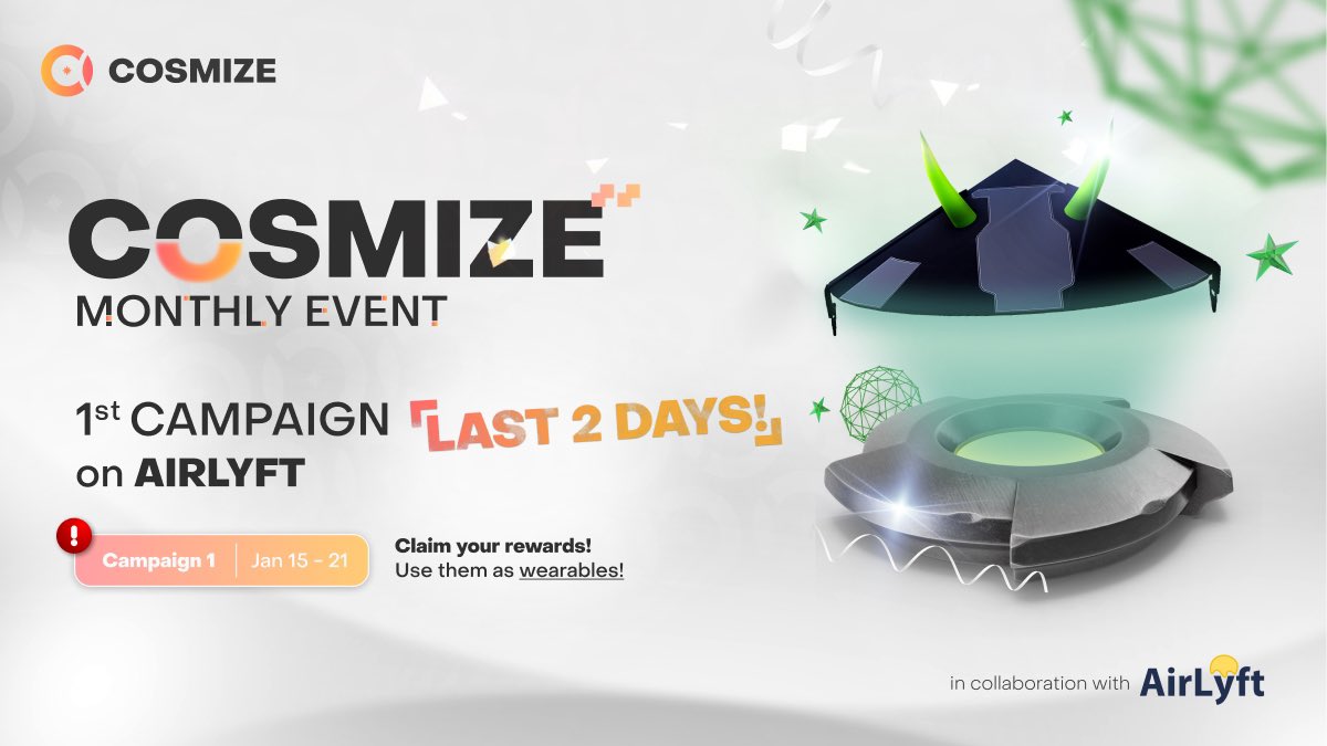 cosmize_io's tweet photo. ⏰ Hi Cosmizens! Only 2 days left until the end of our first campaign! 🎮 Complete quests, claim rewards, and level up your avatar! Don't miss out ✨ 
🔗 Link to quests: [https://t.co/S41bP6Y99g]
#COSMIZE #Airlyft https://t.co/K1Oa3RCqmz