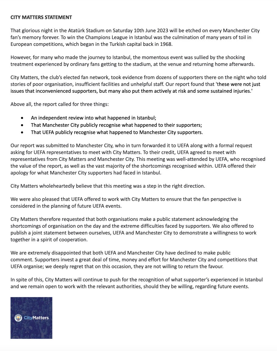 City Matters statement providing an update on the issues faced by supporters at the Champions League Final in Istanbul.