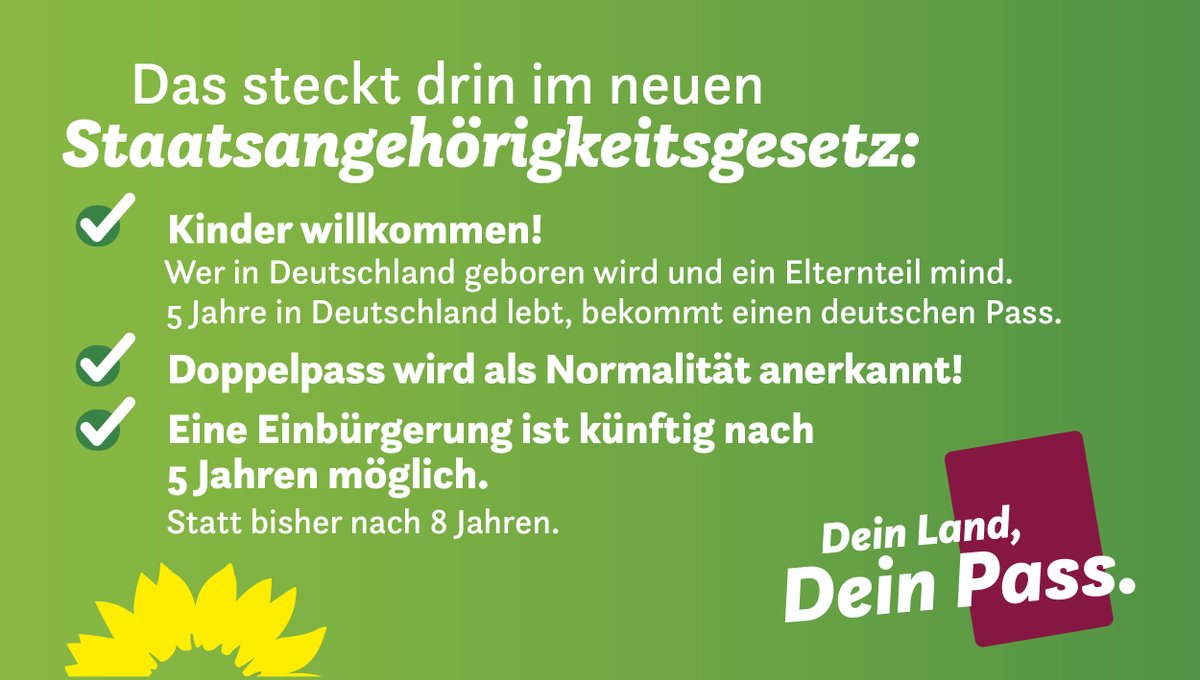 Grüne im Bundestag 🇪🇺🏳️🌈 (@gruenebundestag) on Twitter photo Heute im Plenum beschlossen: Wir erneuern unser #Staatsangehörigkeitsrecht!
Damit ziehen wir im europäischen Vergleich endlich nach & werden zu einem modernen Einwanderungsland.
Für mehr Teilhabe & Demokratie! Was genau drin steht 👇 Heute im Plenum beschlossen: Wir erneuern unser #Staatsangehörigkeitsrecht!
Damit ziehen wir im europäischen Vergleich endlich nach & werden zu einem modernen Einwanderungsland.
Für mehr Teilhabe & Demokratie! Was genau drin steht 👇