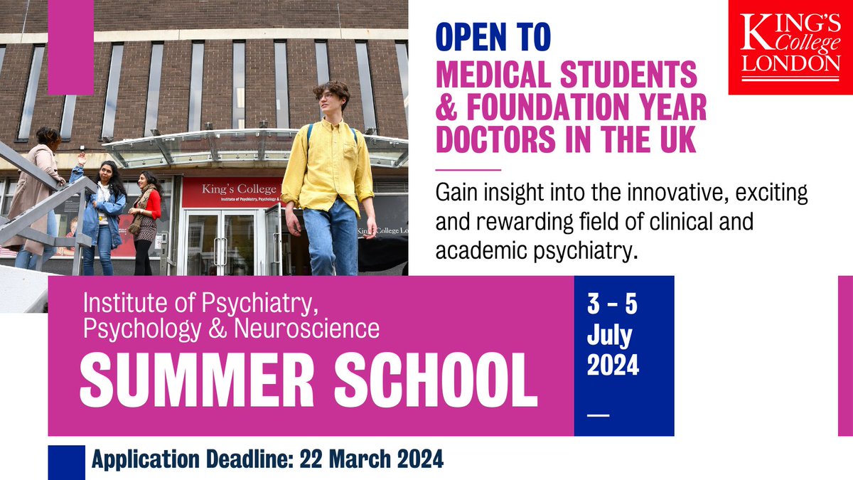 Are you a UK medical student or Foundation Year doctor interested in a career in psychiatry? Join us at the IoPPN Summer School from 3-5 July 2024. Application deadline: 22 March 2024. Apply: bit.ly/492ezd9