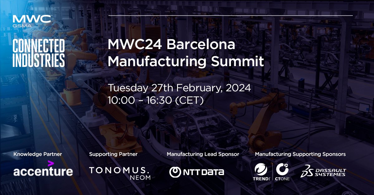 The Manufacturing Summit is back at #MWC24! ⚡

Hear experts discuss a range of topics from #smartfactories and the adoption of #5G to the rise of #IndustrialAI.

 📅 Tuesday 27 Feb | 10:00 - 16:30 (CET)

Learn more ➡️ gsma.at/4amP9su

@GlobalNTT @TrendMicro @Dassault3DS