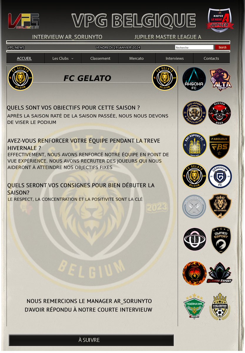 𝗩𝗼𝗶𝗰𝗶 𝗹𝗲𝘀 𝗶𝗻𝘁𝗲𝗿𝘃𝗶𝗲𝘄𝘀 𝗱𝗲𝘀 𝗺𝗮𝗻𝗮𝗴𝗲𝗿𝘀 𝗱𝗲 𝗹𝗮 𝗝𝘂𝗽𝗶𝗹𝗲𝗿 𝗠𝗮𝘀𝘁𝗲𝗿𝗟𝗲𝗮𝗴𝘂𝗲 𝗔. (𝗣𝗮𝗿𝘁𝗶𝗲 𝟭)

1⃣ @AhsokaFCcp 
2⃣ <a href="/ElevenDogs2/">Eleven-Dogs</a> 
3⃣ <a href="/FBS_OFFICIEL/">FABOLOUS ESPORT</a> 
4⃣ @fc_gelato