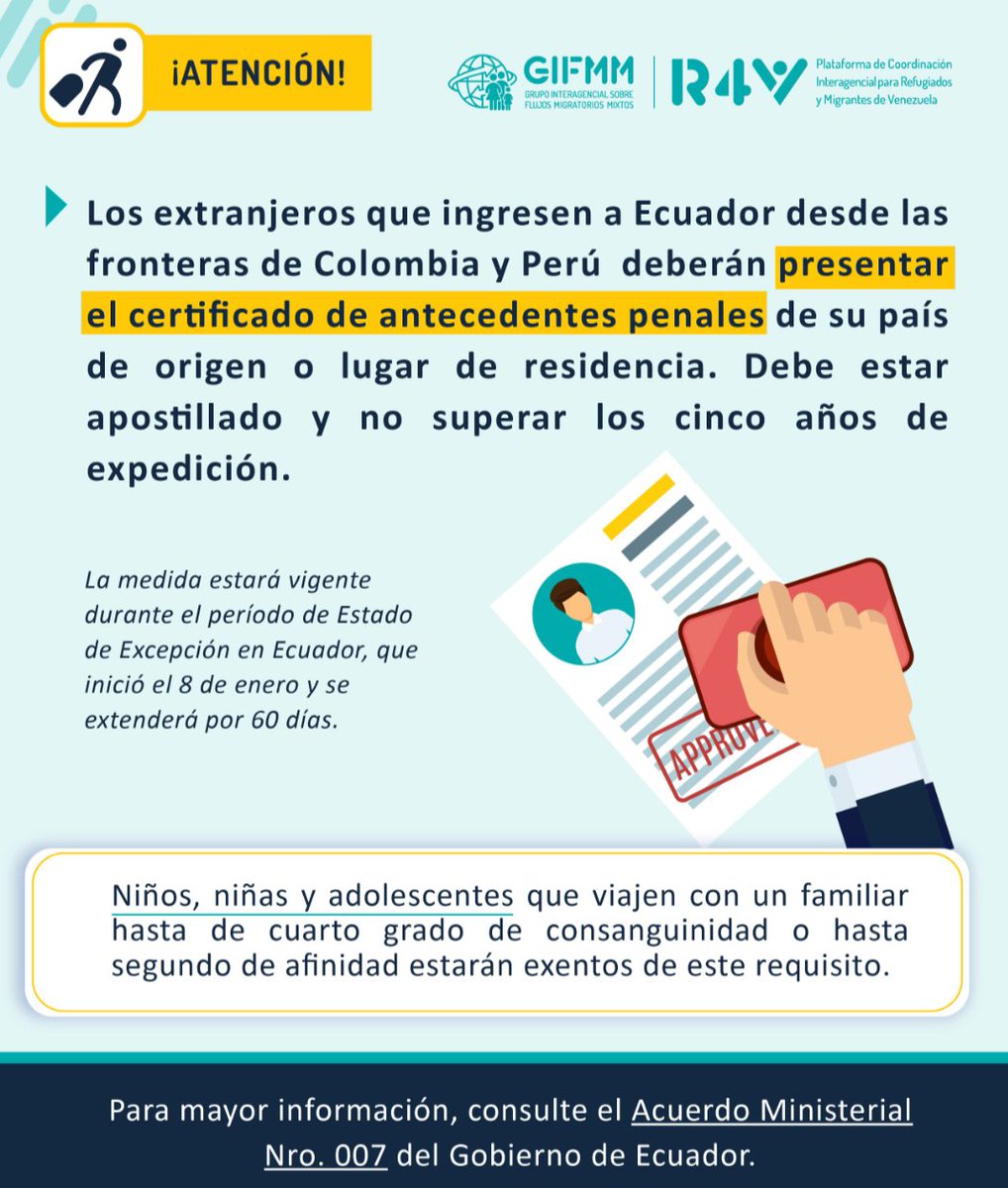 OLI_Colombia's tweet photo. Las autoridades migratorias de Ecuador 🇪🇨 exigirán a las personas extranjeras que ingresen desde las fronteras de Colombia y Perú un certificado de antecedentes penales de los últimos cinco años. @Plataforma_R4V #GIFMM https://t.co/iZfWINTAAz