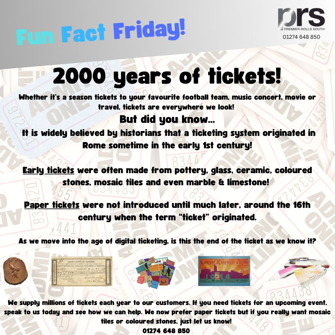 PRSsolutionsX's tweet photo. Fun Fact Friday!

Get in touch with our specialist account managers today to discuss your ticketing requirements. Ceramic, pottery and mosaic tile requests welcome!

Happy Friday from all at PRS 😁

#tickets #FunFactFriday #supplier #ticketsupplies #BusinessSolutions https://t.co/sRIi9YbbUw