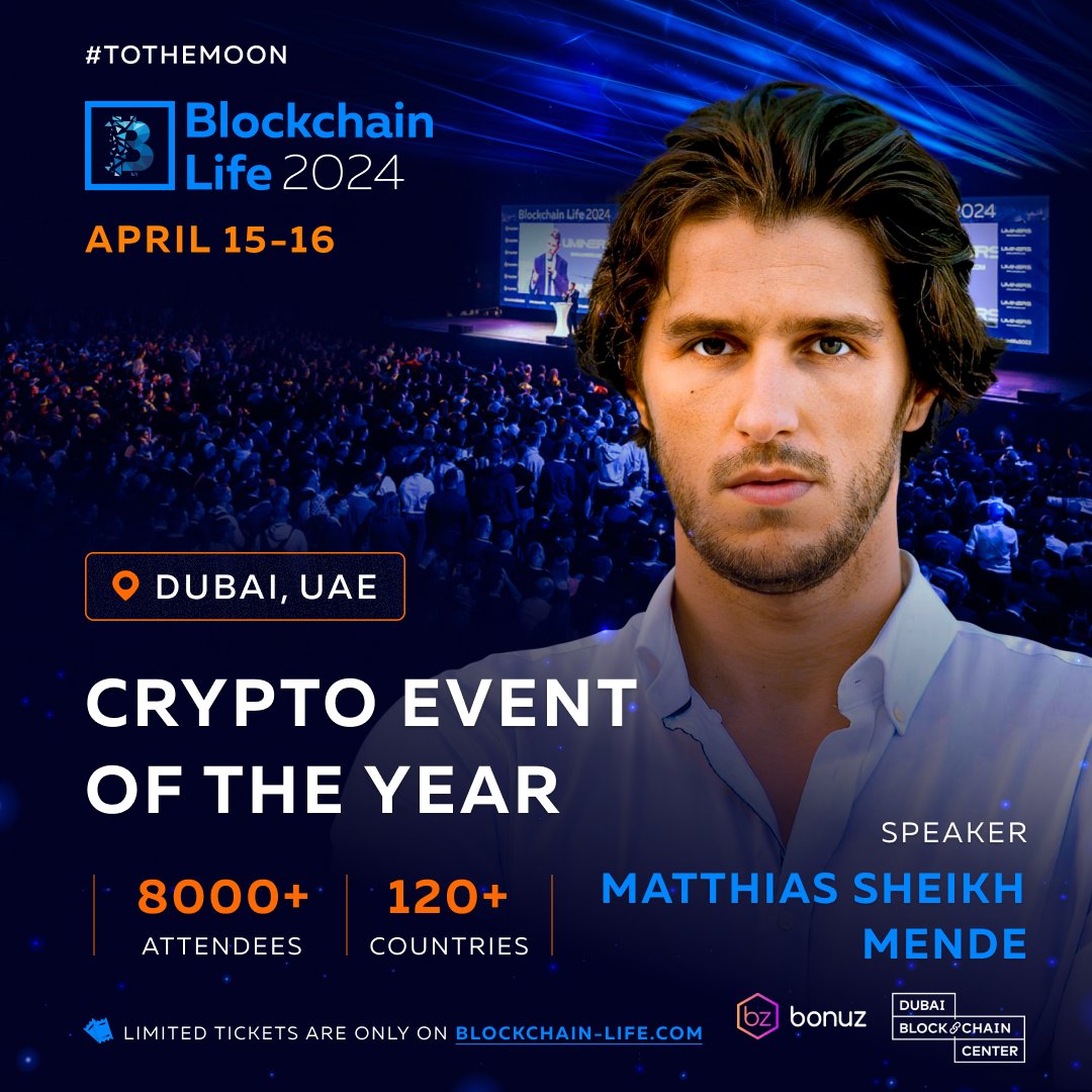 Catch @MendeMatthias – Co-Founder of Dubai Blockchain Center and Founder of  @BonuzMarket on stage at #BlockchainLife2024 in Dubai. Join 8000+ attendees  at the Crypto Event of the Year. 🎟️