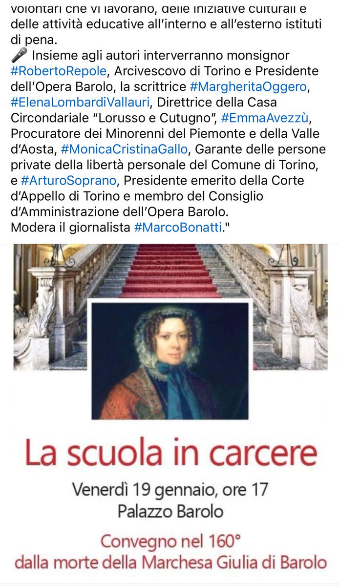 Questa sera a #Torino presso Palazzo #Barolo una serata sull’importanza della cultura e della scuola, in particolare per chi vive la reclusione. Grazie a tutti quelli che si stanno prendendo cura di “E-mail a una professoressa”.