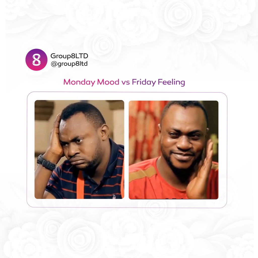 group8LTD's tweet photo. It's the weekend and we're sure you can relate with these images. Let's know the difference between your Monday Mood and Friday feeling in the comments!😁
#group8 #group8LTD
.
.
#TGIF #mondaymood #fridayvibes #media #impact #entertainment #africa #lifestyle #africanlifestyle https://t.co/7cDQBnoa4l