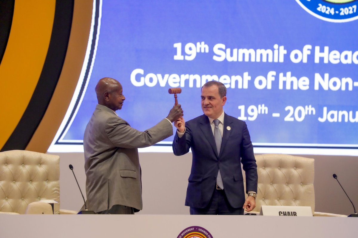 AfricaTembelea's tweet photo. President, Yoweri Museveni officially assumes office - Chairman Non - Aligned Movement, @spekeresort during the #NAMSummitUg2024.

The seat was handed over by H.E Jeyhun Aziz Ogu Bayramov, foreign Minister of Azerbaijan, on behalf of President Ilham Aliye, the out going Chairman. https://t.co/FyuGWQx6dF