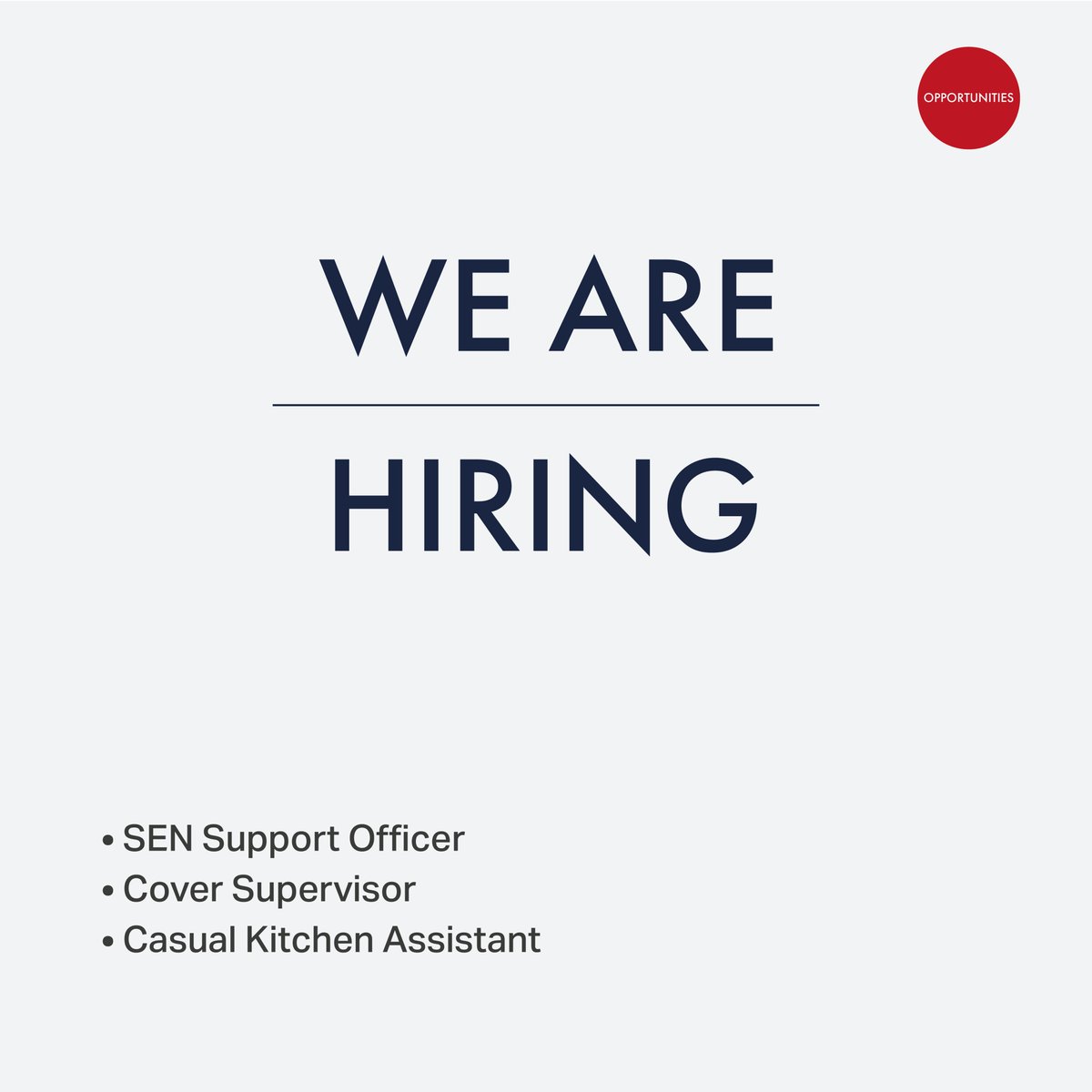 🚨 We're Hiring! 🚨 Exciting opportunities at Millbay Academy! 🌐✨ Check the bio for details. We have openings for:
- SEN Support Officer ,Cover Supervisor, Casual Kitchen Assistant
👉 Apply now and be part of our incredible community! #millbayacademy #Hiring #thinklikeacreative