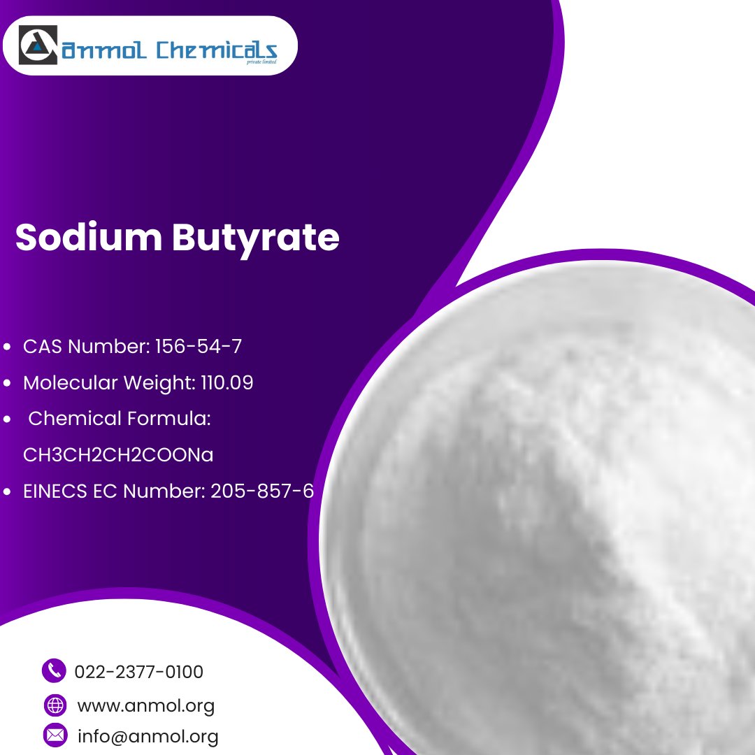 🔬 Sodium Butyrate
- CAS Number: 156-54-7
- Molecular Weight: 110.09
- Chemical Formula: CH₃CH₂CH₂COONa
- EINECS EC Number: 205-857-6

📞 Contact us at 022-2377-0100
🌐 Visit our website: anmol.org
✉️ Email: info@anmol.org

#SodiumButyrate #ChemicalResearch