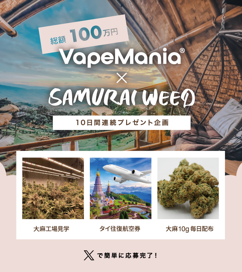 samuraiweedth's tweet photo. ／
SAMURAI WEED × Vapemania®︎
総額100万円の10日連続キャンペーン！
＼

【1️⃣日目】夢のタイ���行プレゼント！

タイ往復航空券 × 1名様
SAMURAI WEED 10g × 1名様

［今すぐ応募！］
　　　∨
　　　∨
🌿応募方法🌿
1️⃣このツイートをRT + いいね
2️⃣@samuraiweedth @VapeManiaThai をフォロー
3️⃣キャンペーン終了後に当選発表
＿＿＿＿＿＿

日付や滞在期間は要相談。当選者はDMで来タイ予定を一緒に決めましょう！🇹🇭

明日は @vapemaniathai でプレゼント企画を開催！フォローして待っててね！

タイで皆さんをお待ちしております！