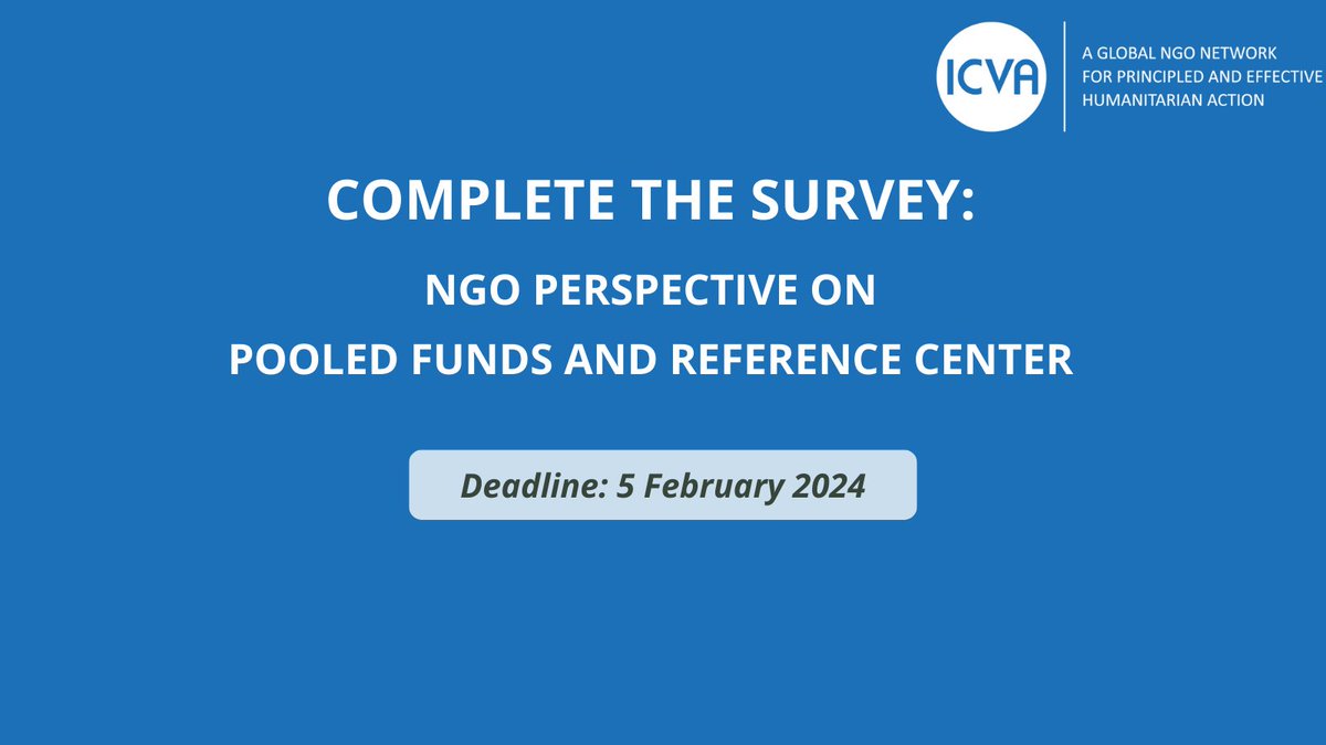 ICVAnetwork's tweet photo. 📢NGOs, we need your insights on pooled funding!
Share your experiences through our survey to help us support access to funds.
Complete the survey by 5 February 2024🔽
English: https://t.co/5W16L07wJw
French: https://t.co/bjoS4pDjRP
#pooledfunds
#humanitarianaid
#ngos https://t.co/l9t3uSglFB