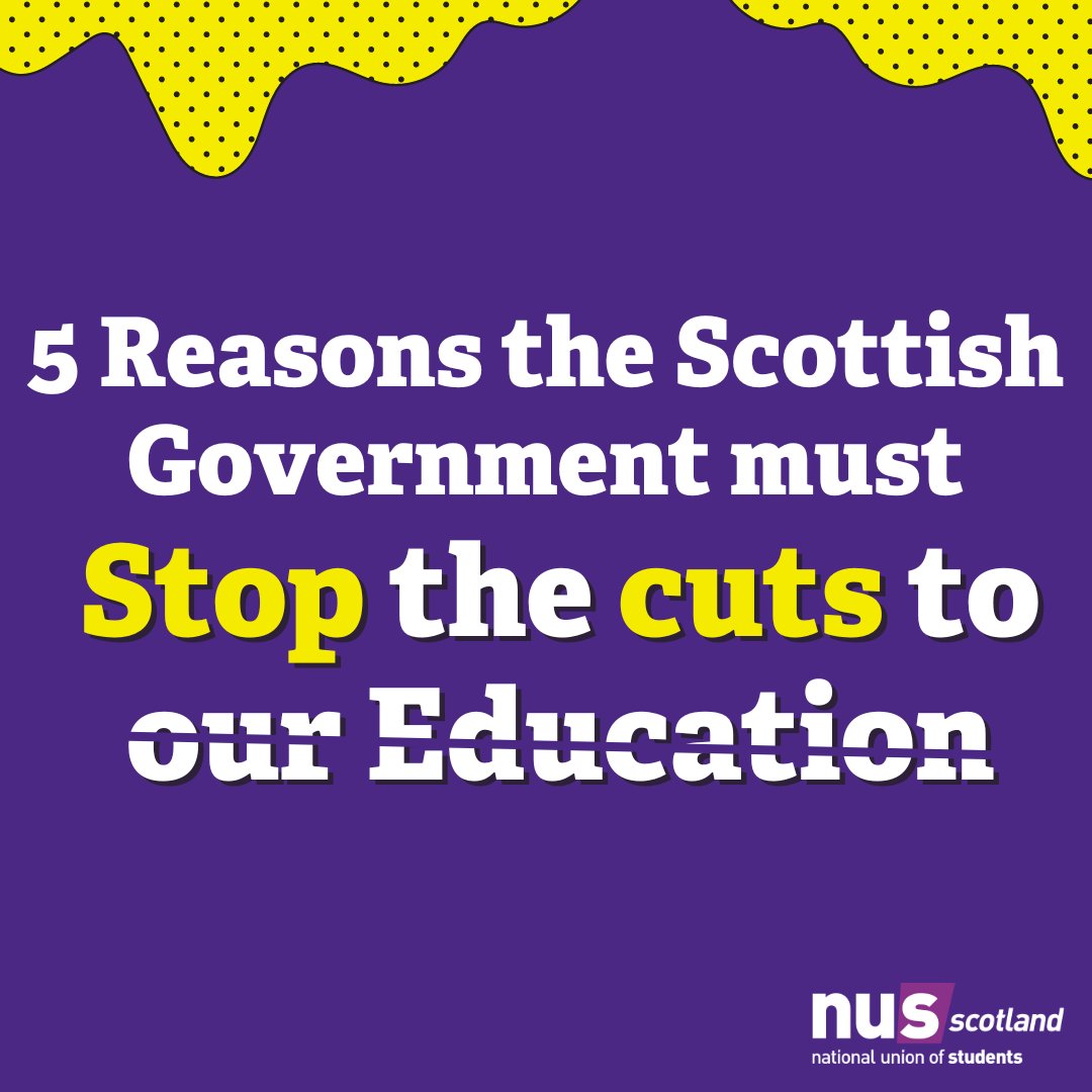 ✂️The Scottish Government's draft budget for 2024/25 contains plans to cut over £100 million in funding for both higher &amp; further education in Scotland.

Here are just five reasons this is disastrous and we must work together to #StoptheCuts:

nus-scotland.org.uk/5_reasons_the_…
