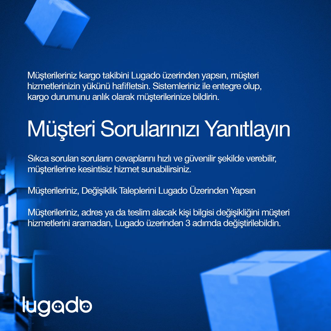 🤖Lugado Kargo / Lojistik Botu sistemleriniz ile entegre olup, kargo durumunu anlık olarak müşterilerinize bildirir.

📌Detaylı bilgi için lugado.net/cozumler/kargo…

#Lugado #Chatbot #Kesintisizİletişim #websitebot