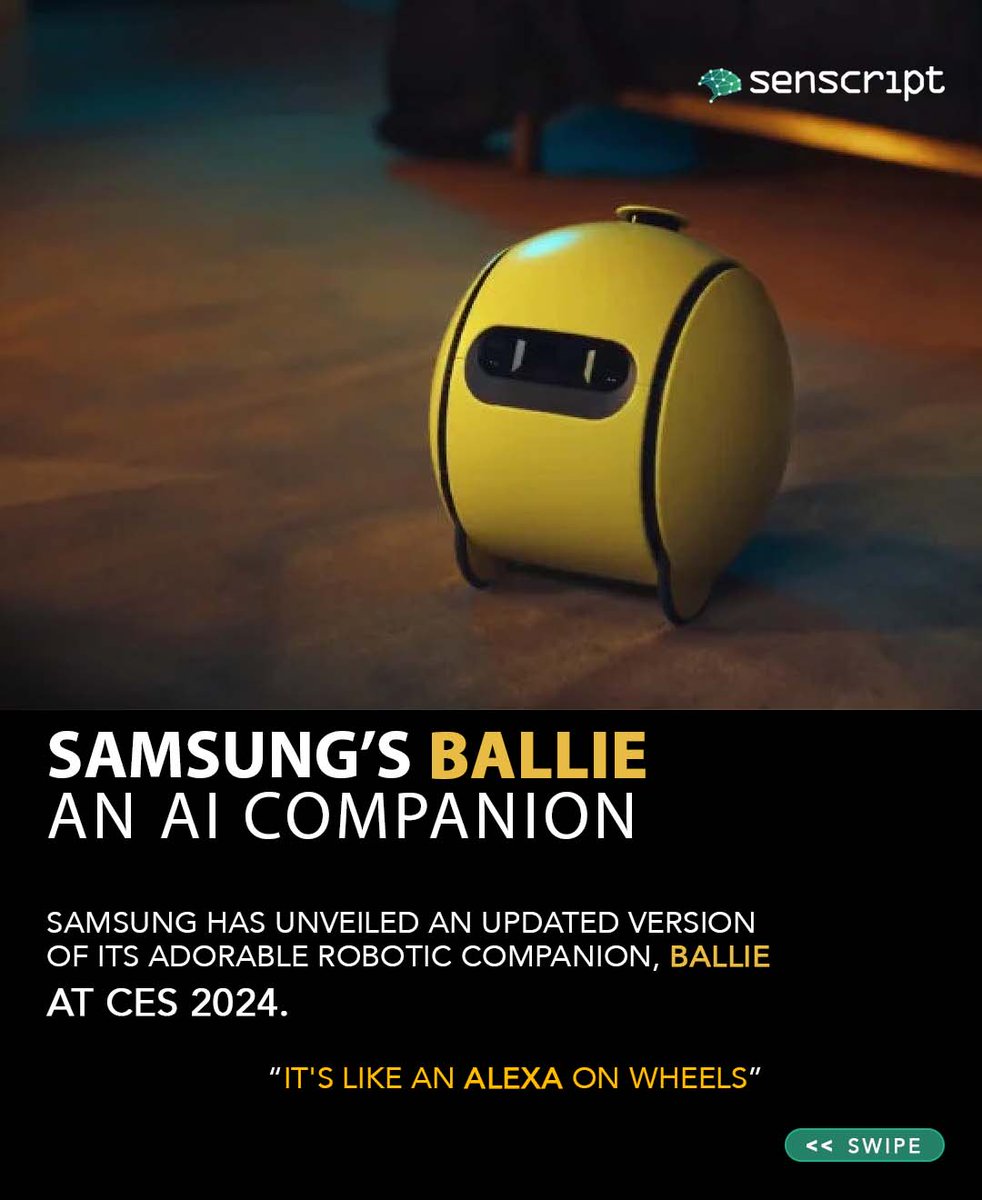 senscript's tweet photo. 🤖BAILLE!!
a product by SAMSUNG

📅 Release date : Unannounced

@Samsung has reintroduced Baille with some new updates. It’s small and powerful.

#Ballie2024 #tech #ai #artificialintelligence #SamsungBallie #CES2024 #Ballie #FutureTech #technology #Senscript https://t.co/UJLNfgh7uT