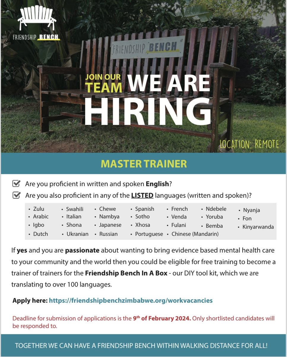 Are you passionate about wanting to bring evidence based mental health care to your community and the world? #Opportunity alert - Join our Team 📌 We are #Hiring - Master Trainers 🚩 Applications close 9 February 2024, 4pm (CAT) APPLY HERE 👇 friendshipbenchzimbabwe.org/workvacancies