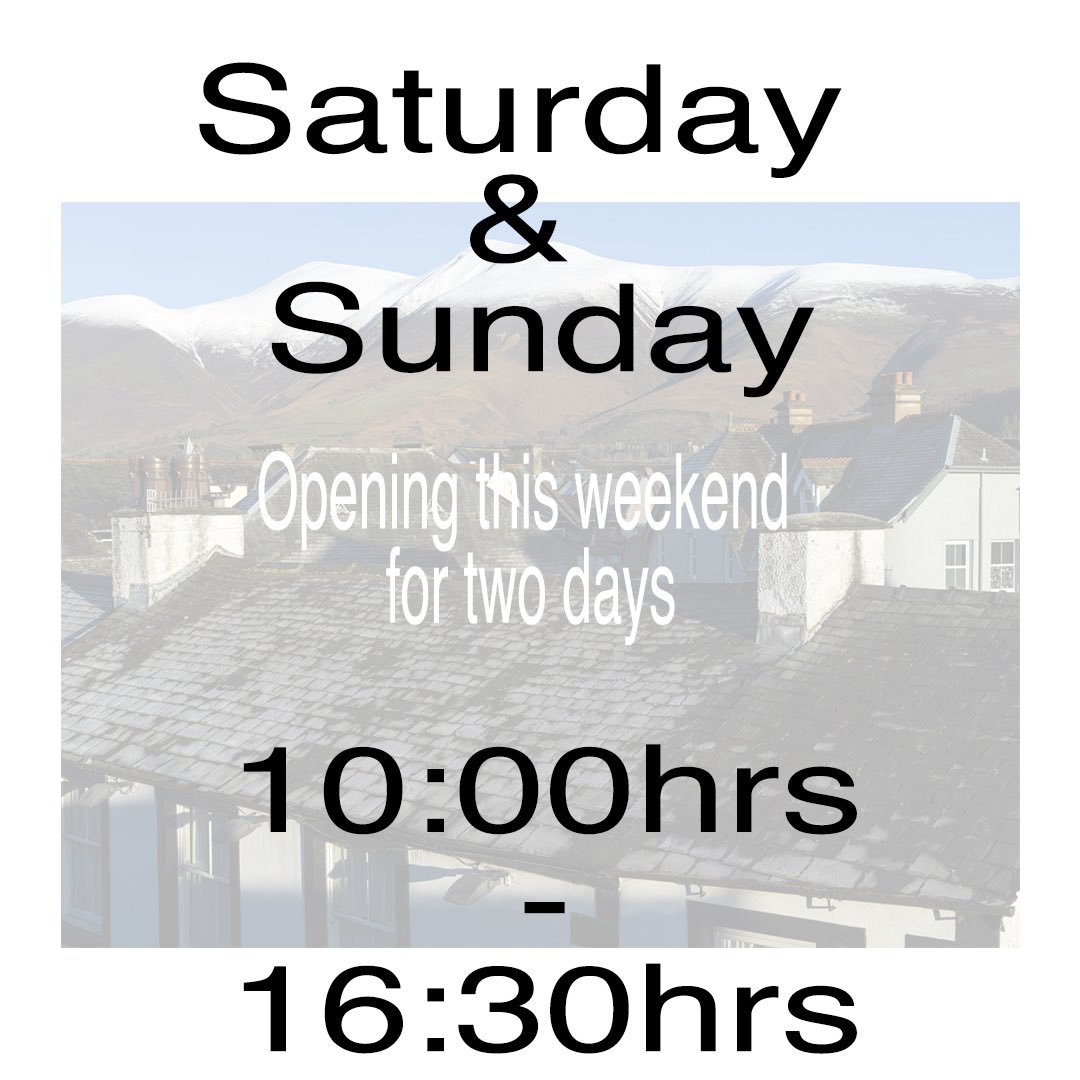 Last weekend was really busy in town, so, even though the weather forecast looks less than perfect, we are going to open Saturday and Sunday.
.
<a href="/KeswickTourism/">info@keswick.org</a>