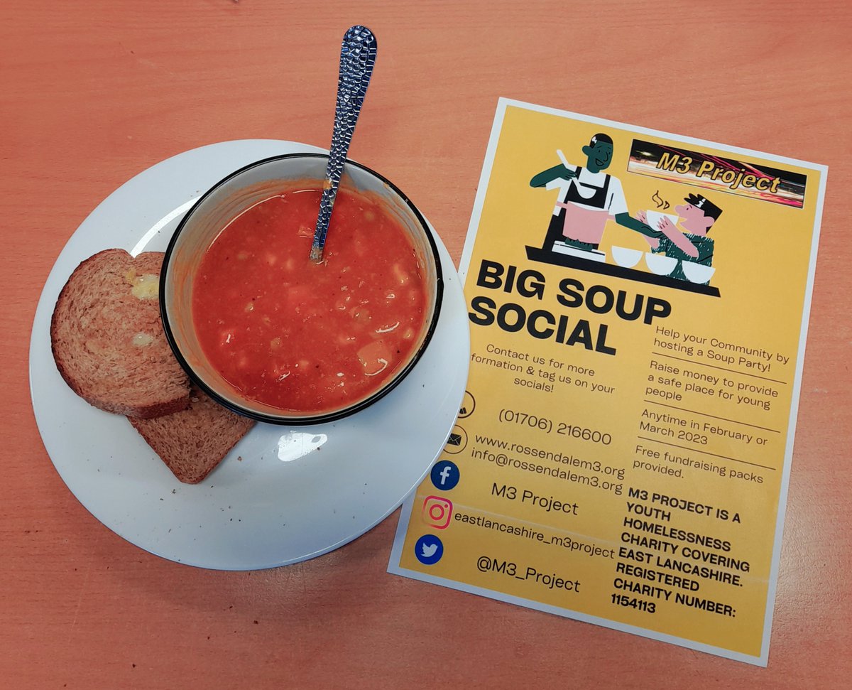 It's soup weather! What's your favourite? Our Charity Officer Jayne has ditched the home prepared salad and cheated by opening a tin of vegetable soup for lunch today. Join our Big Soup Social fundraiser to help homeless young people. Message us for a free fundraising pack.