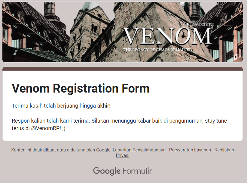 ⠀
Eugene Davenport telah mengisi form dan hendak menjadi salah satu penduduk Kota Venom. (<a href="/VenomRP/">VENOM CITY — CLOSED.</a> )
⠀