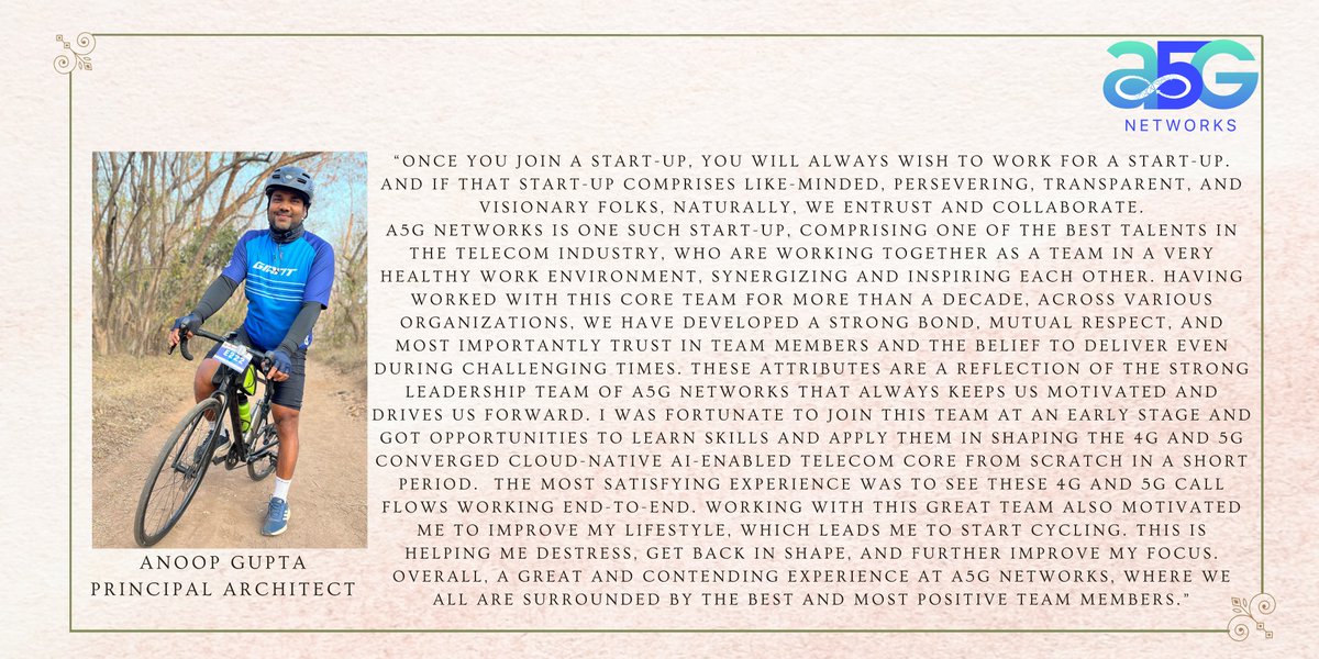SonaliGholap1's tweet photo. Dive into the heart of @A5GNetworks through the eyes of our team members.
Thank you Anoop Gupta, for sharing your incredible journey and insights!  

#A5gnetworks #A5GTeam #EmployeeSpotlight #TechInnovation #StartupCulture #A5gnet https://t.co/GkYu2aB58i