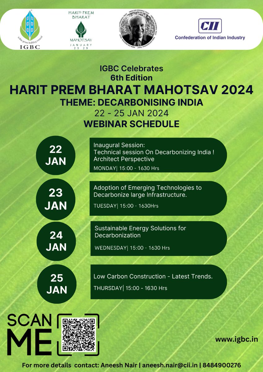 IGBConline's tweet photo. ๐ฟ Join us for the enlightening 3 days webinar series @ Harit Prem Bharat Mahotsav 2024 | 22-25 Jan 2024 | 1500-1630 Hrs. IST
The topics are exclusively focused on #DecarbonizingIndia
Register here: https://t.co/EZkrnDCOod
@FollowCII @WorldGBC
#igbc #CII #hpbm2024 https://t.co/qAFKB4Qw90