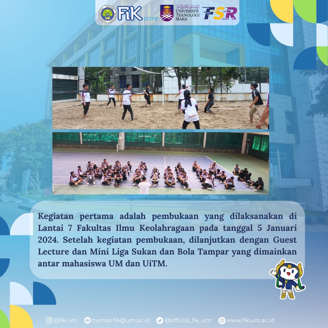 official_fik_um's tweet photo. [STUDENT INBOUND MOBILITY FAKULTAS ILMU KEOLAHRAGAAN]

Fakultas Ilmu Keolahragaan melaksanakan Student Inbound Mobility bersama Fakulti Sains, Sukan dan Rekreasi UiTM Malaysia  pada 4-11 Januari 2024

-------------------

Humas Fakultas Ilmu Keolahragaan
Universitas Negeri Malang https://t.co/7bEy5DfofO