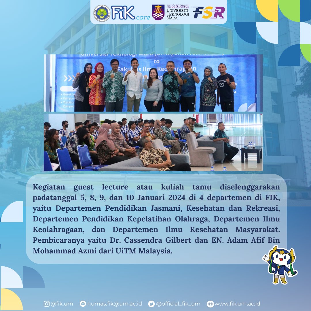 official_fik_um's tweet photo. [STUDENT INBOUND MOBILITY FAKULTAS ILMU KEOLAHRAGAAN]

Fakultas Ilmu Keolahragaan melaksanakan Student Inbound Mobility bersama Fakulti Sains, Sukan dan Rekreasi UiTM Malaysia  pada 4-11 Januari 2024

-------------------

Humas Fakultas Ilmu Keolahragaan
Universitas Negeri Malang https://t.co/7bEy5DfofO
